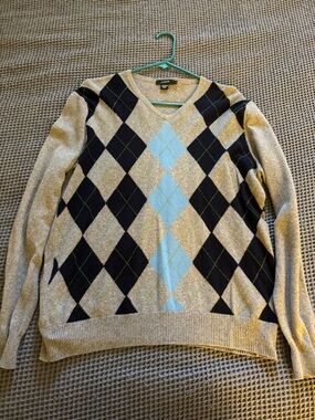 J. Crew Women's Gold, Black & Light Blue Argyle V-Neck Sweater